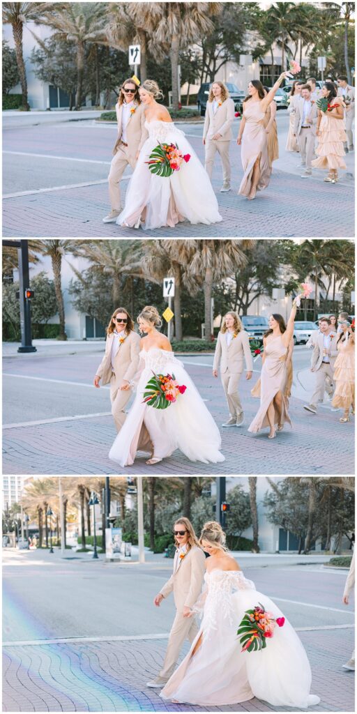 wedding party crossing the ft. lauderdale street to the beach