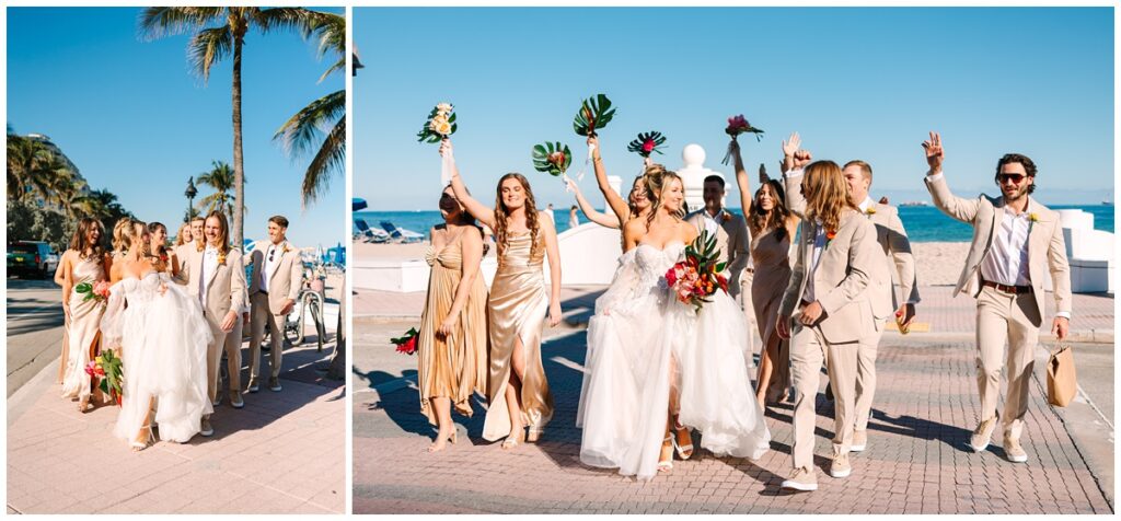 bridal party photos at the beach crossing the street