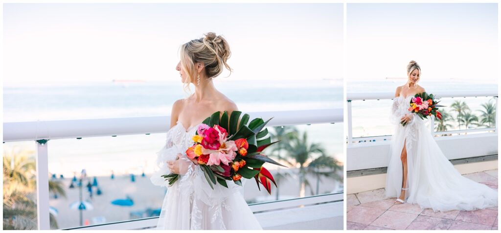 bridal portraits with monstera bouquet