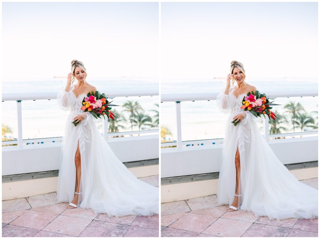 bridal portraits with monstera bouquet and palm trees