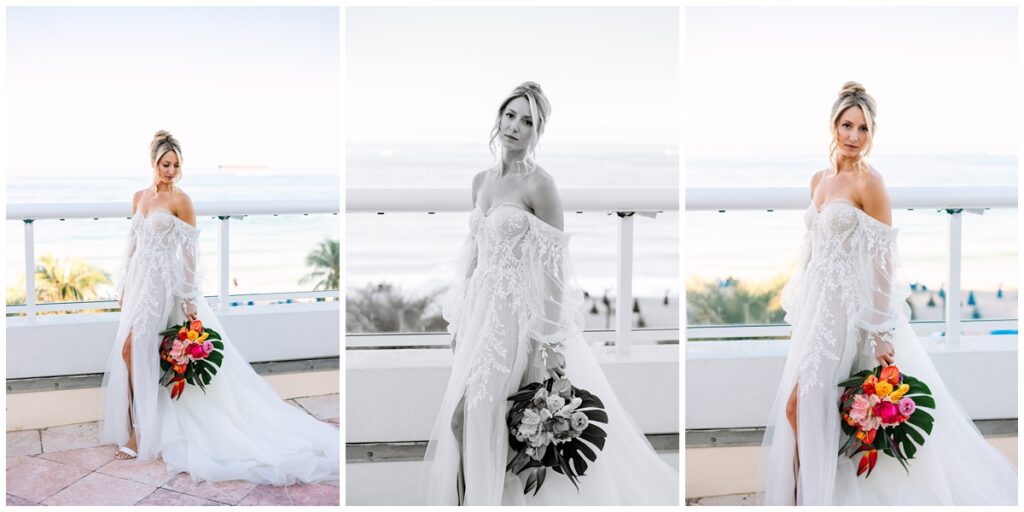 bridal portraits with monstera bouquet and palm trees