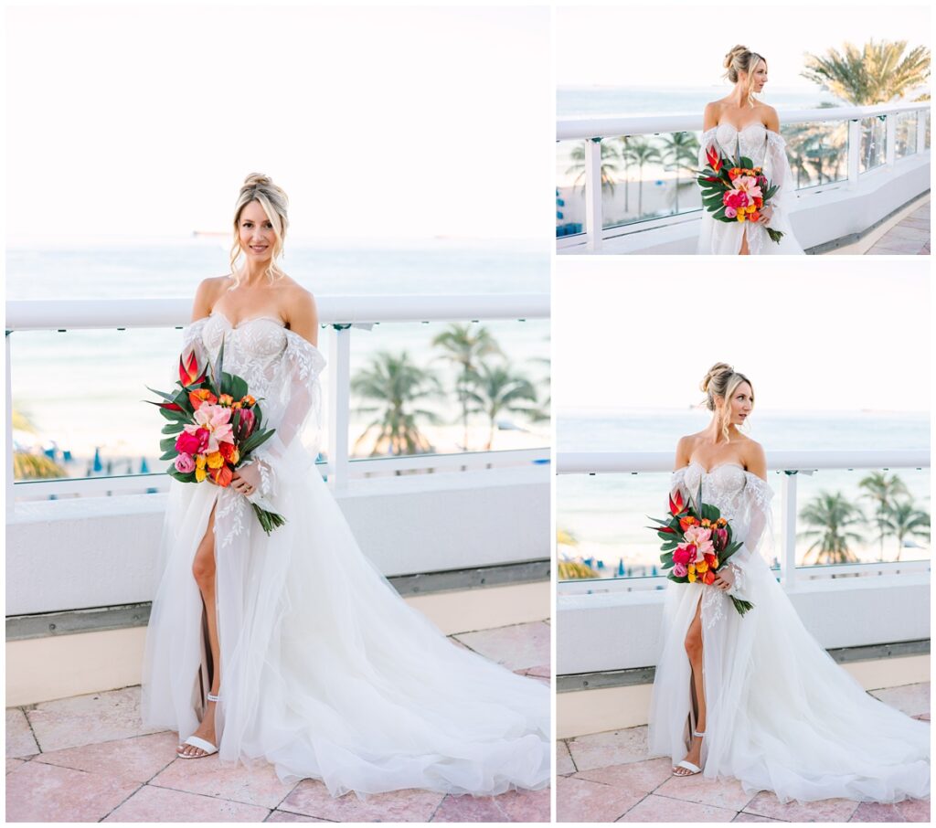 bridal portraits with monstera bouquet and palm trees