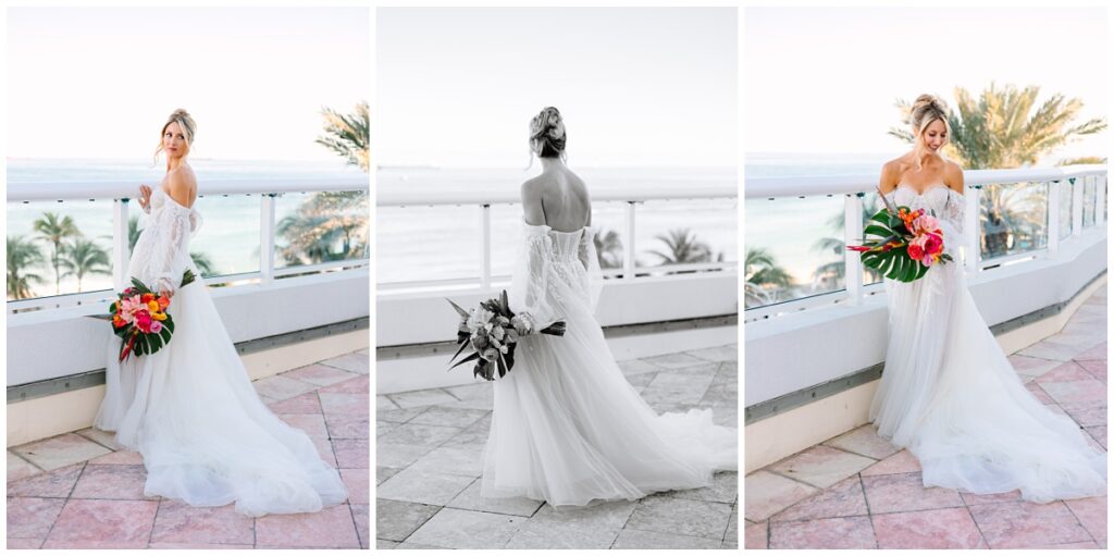 editorial bridal portraits with monstera bouquet and palm trees