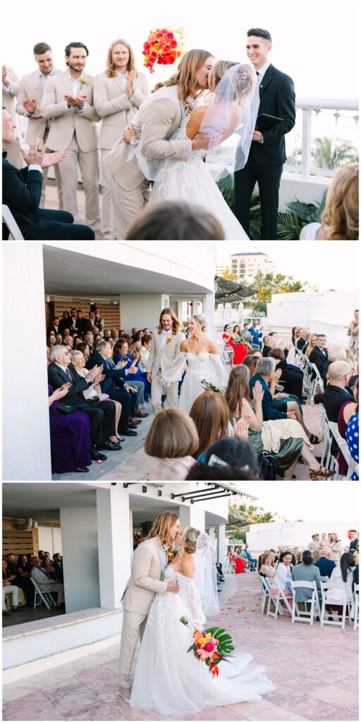 bride and groom first kiss at the alter as well as photos of the recessional