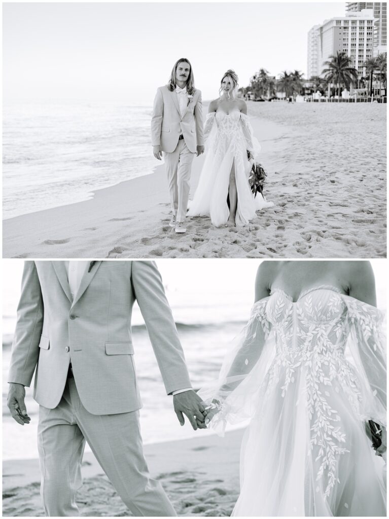 black and white sunset newlywed beach photos at fort lauderdale beach in florida