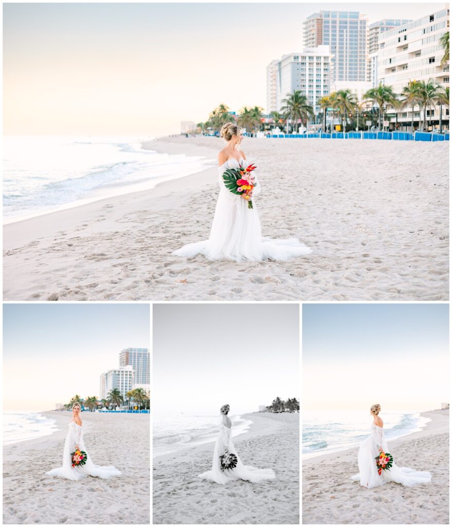 bride solo portraits on the beach at sunset