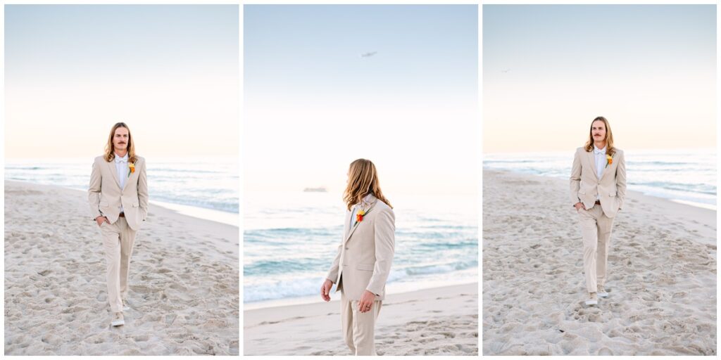 groom solo portraits on the beach at sunset