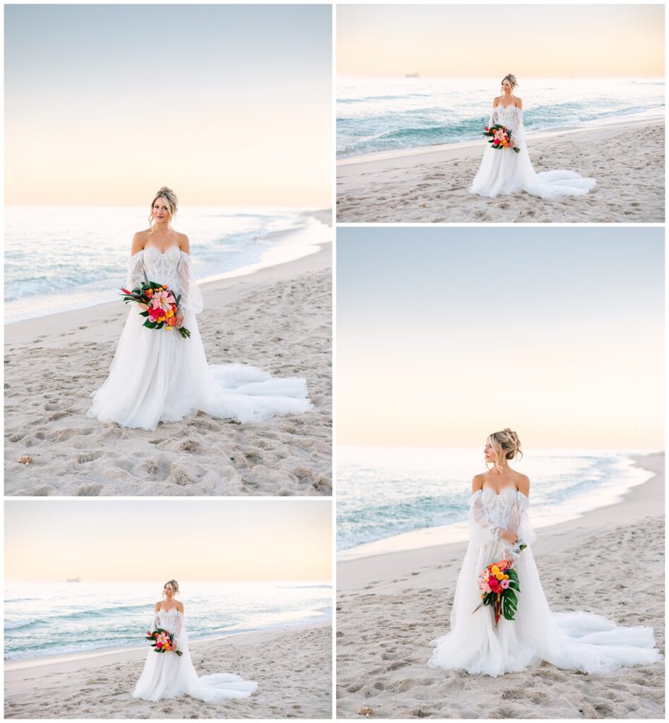 bride solo portraits on the beach at sunset