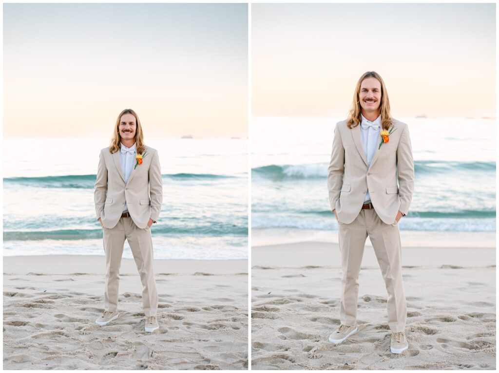 groom solo portraits on the beach at sunset