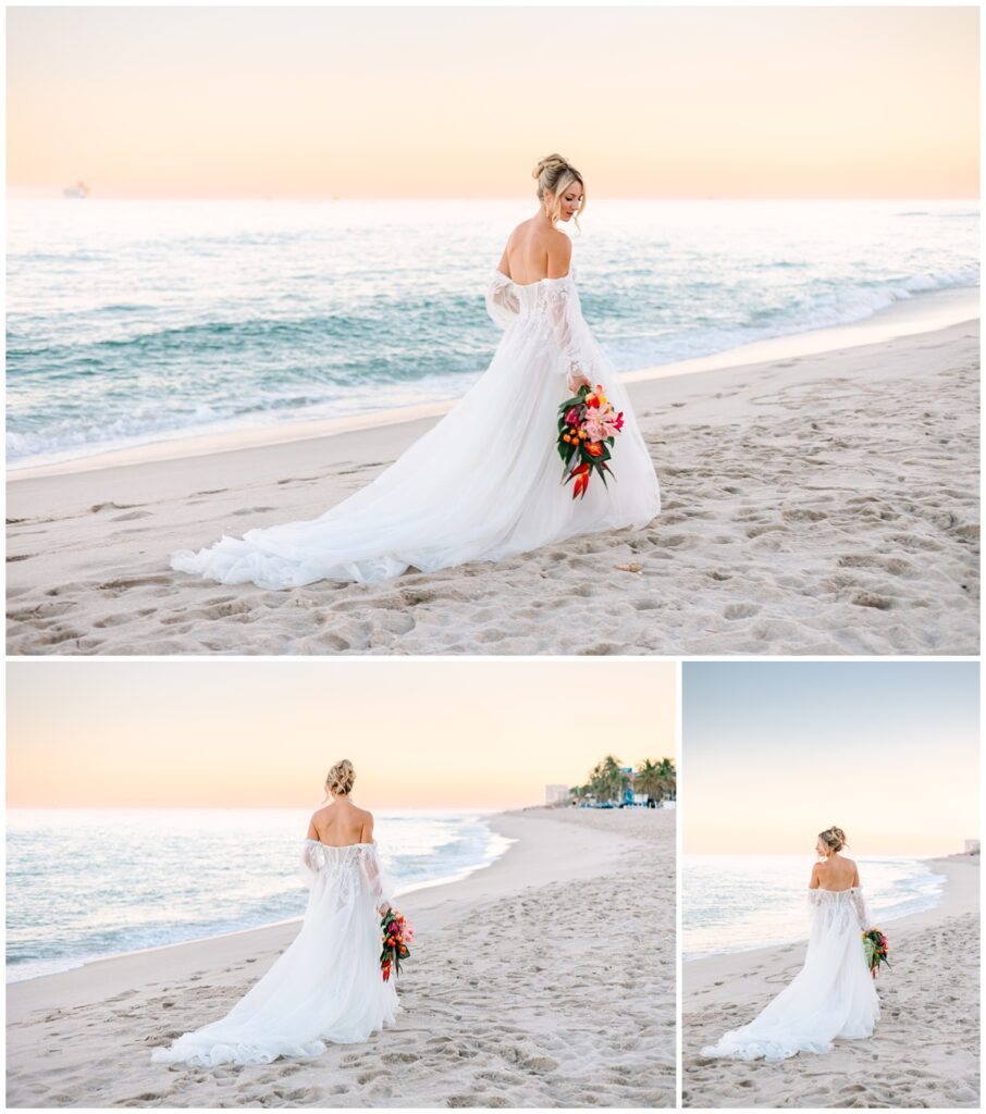 bridal runaway portraits on the beach at sunset