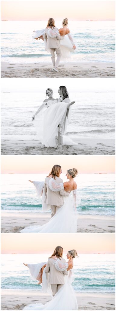 groom carrying bride down to ocean