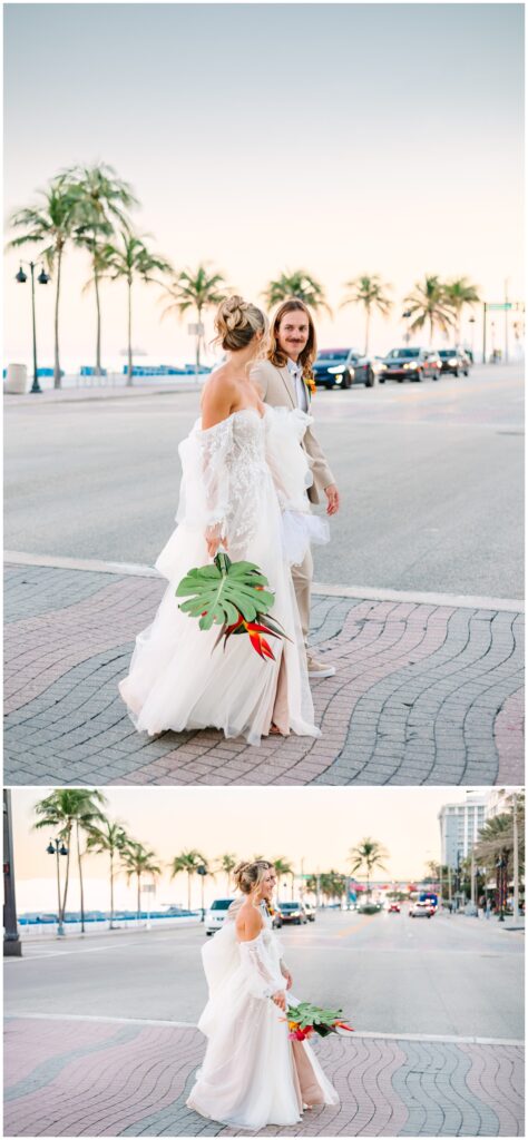 bride and groom crossing the street