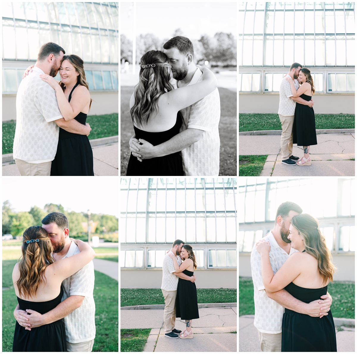 engaged couple hugging and laughing in front of Como Zoo Conservatory