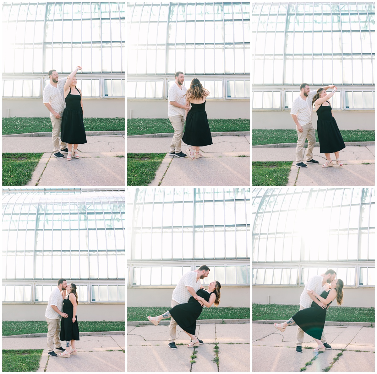 engaged couple dancing in front of Como Zoo Conservatory