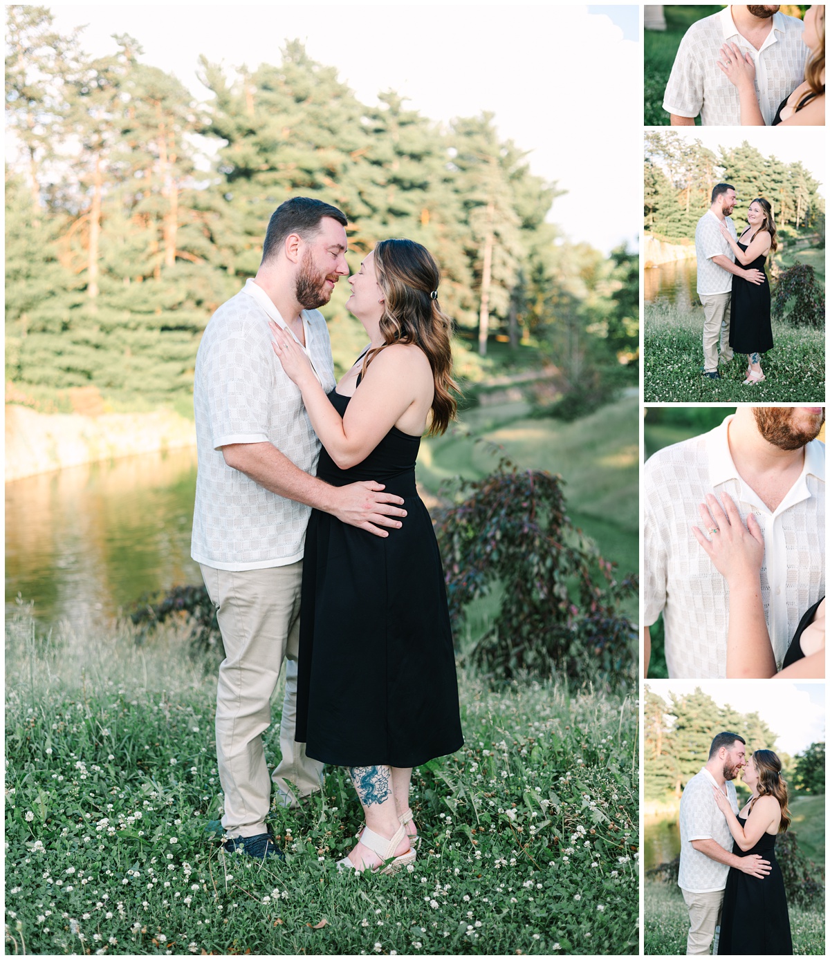 engaged couple standing in front of pond at como zoo