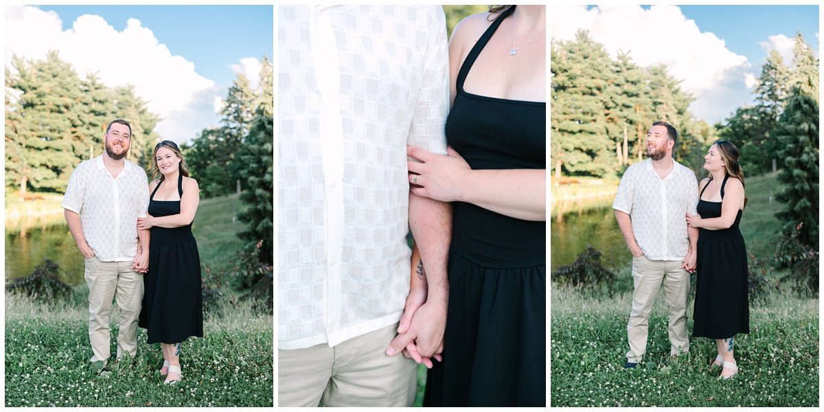 engaged couple holding hands in front of a pond