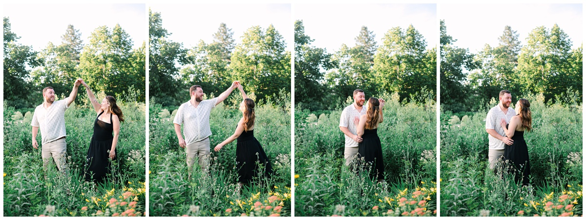 engaged couple dancing in a flower field at como zoo in minnesota