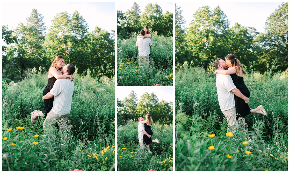 engaged couple dancing in a flower field at como zoo in minnesota