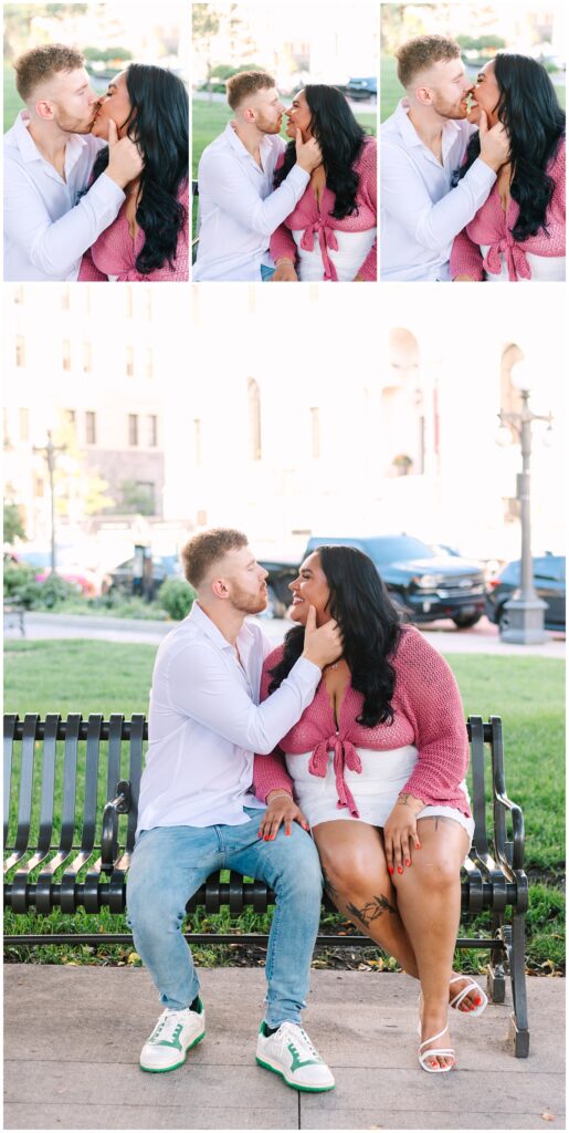 a couple sitting on a bench at rice park in st. paul, minnesota