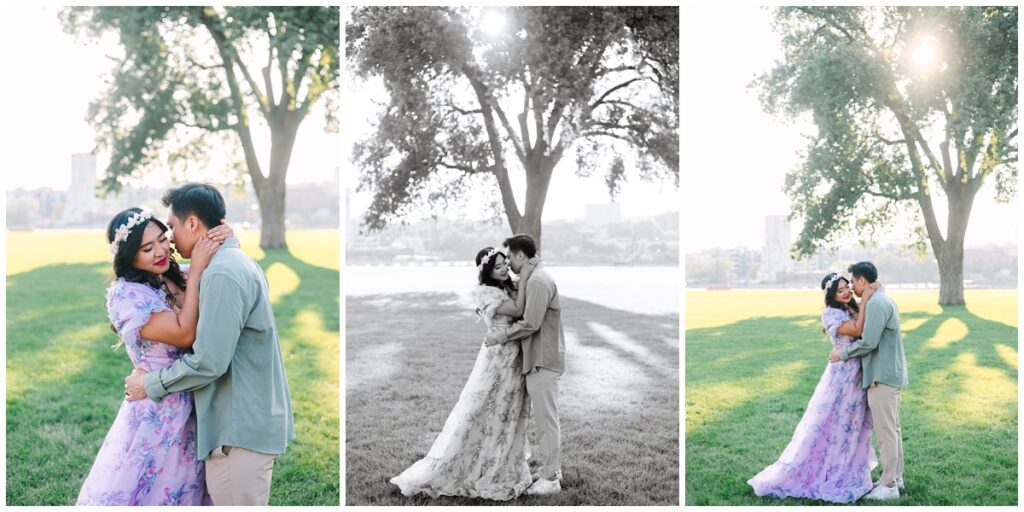 couple kissing and embracing in front of eastern cottonwood tree