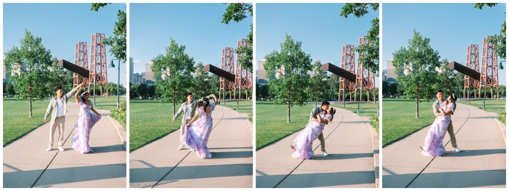 engaged couple dancing at harriet island in st. paul
