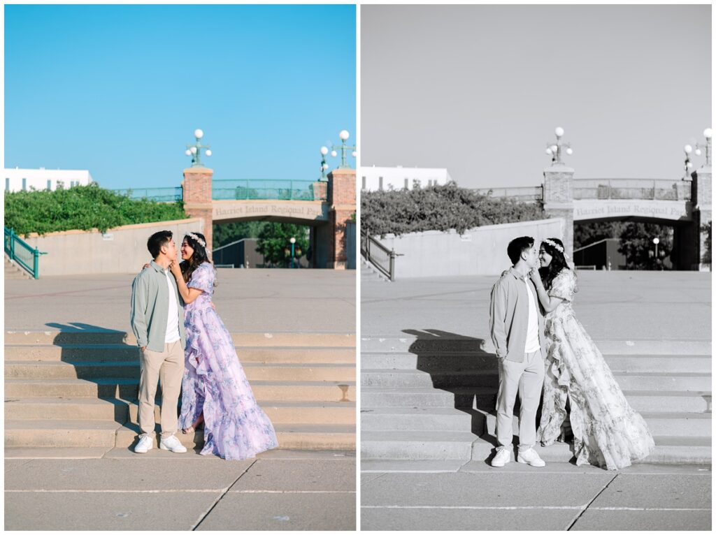 couple standing on the stairs in front of harriet island regional park sign