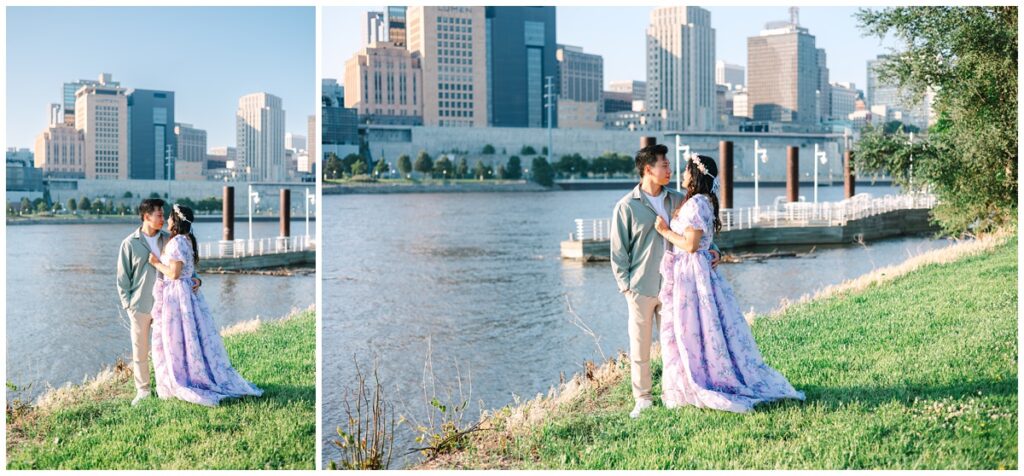 couple standing in front of st. paul skyline