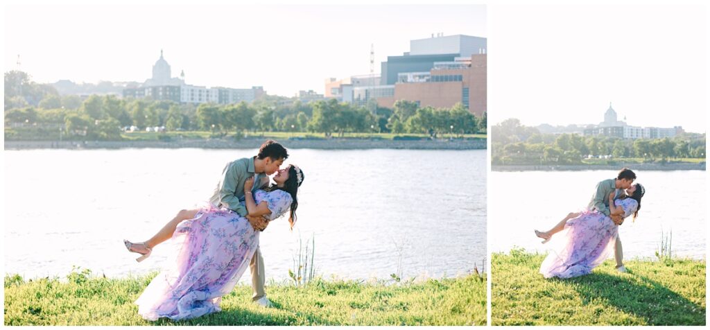 couple dipping in front of st. paul skyline