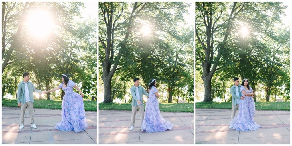couple standing in a path of eastern cottonwood trees