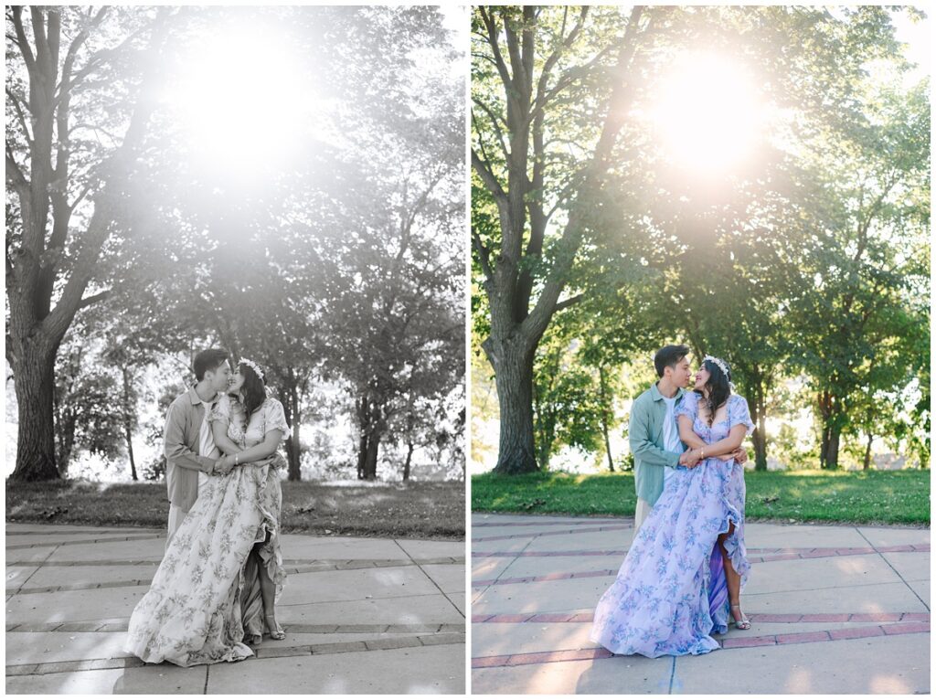 couple standing in a path of eastern cottonwood trees