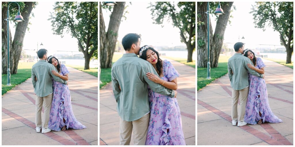 couple standing in a path of eastern cottonwood trees