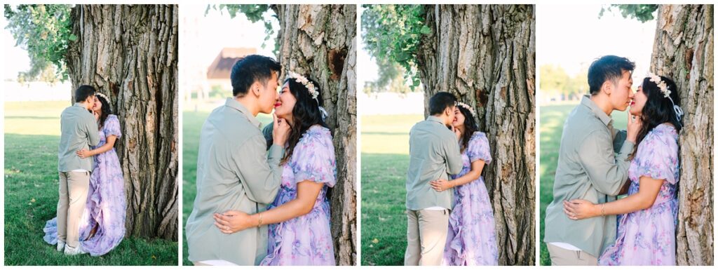 minnesota engaged couple leaning against eastern cottonwood tree at harriet island