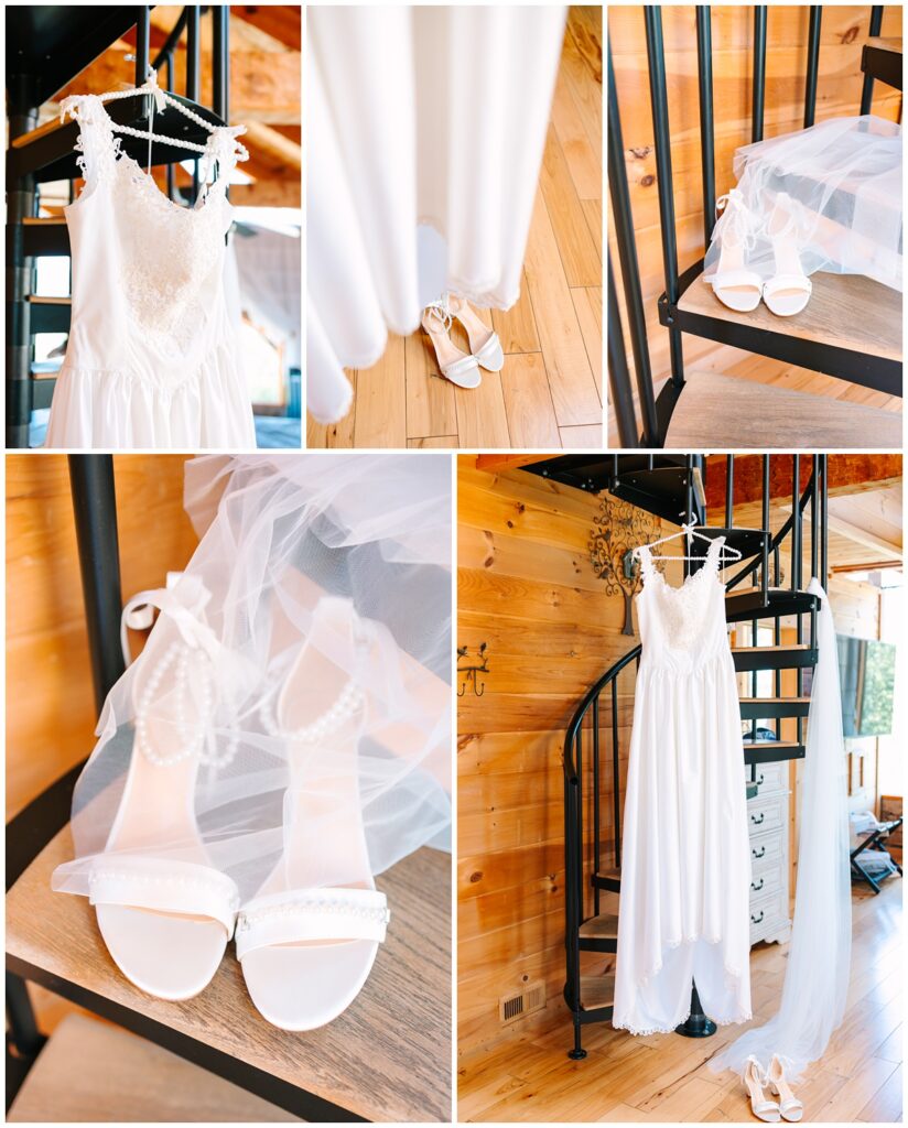 wedding dress and shoes detail photos in a cabin