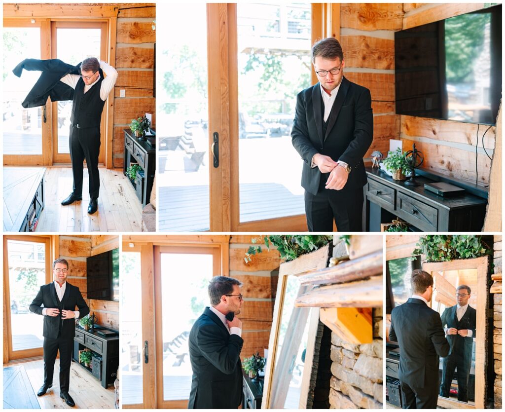 groom putting his suit jacket and bowtie on