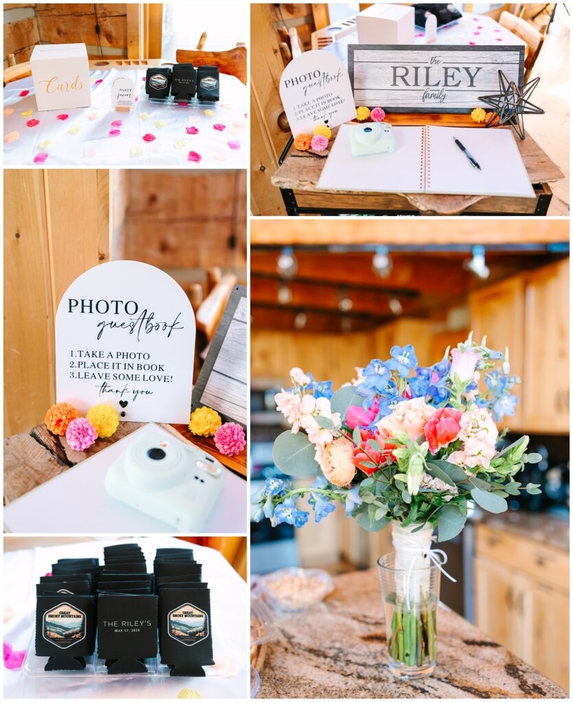 a few wedding details - polaroid guest book, bride's bouquet, custom koozies