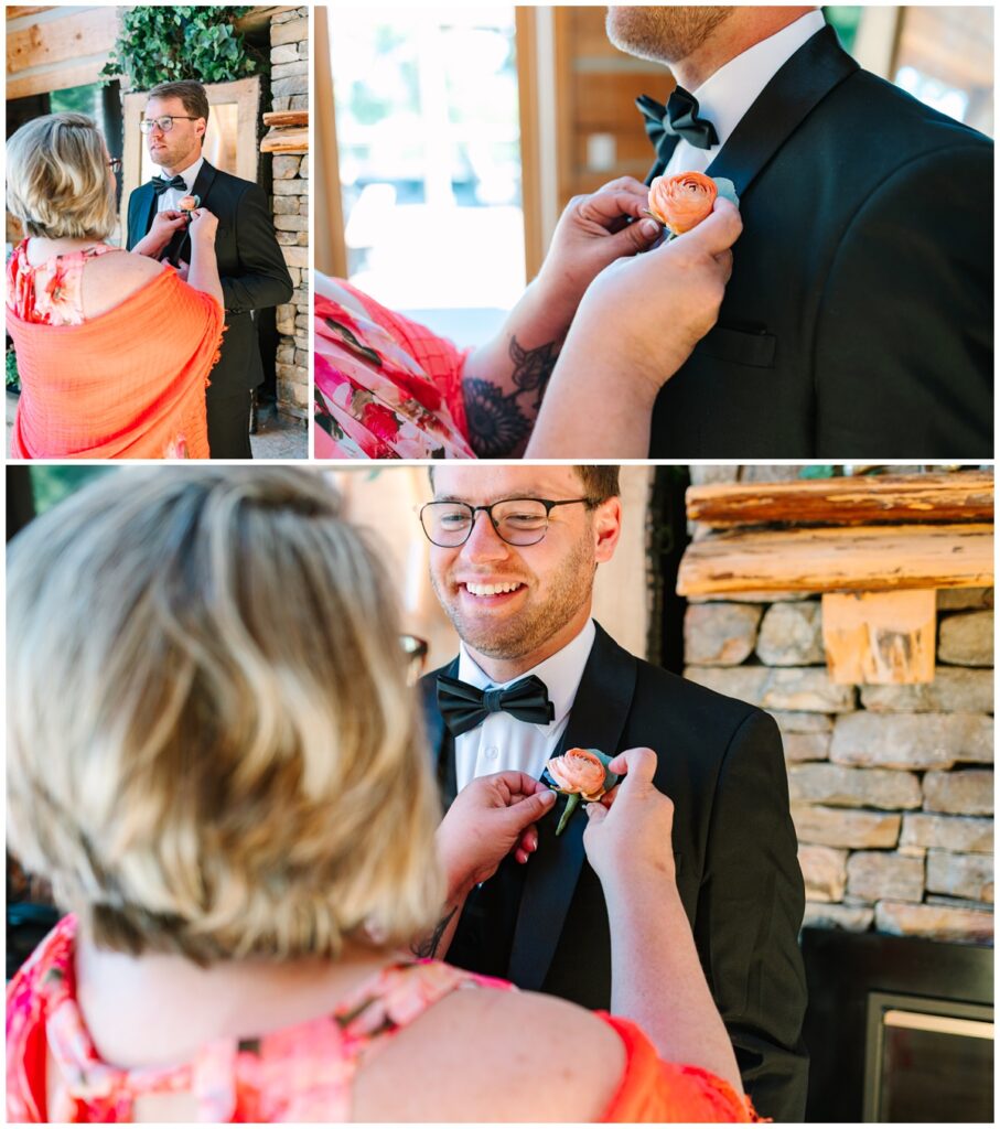 mother of the groom attaching groom's boutonnière