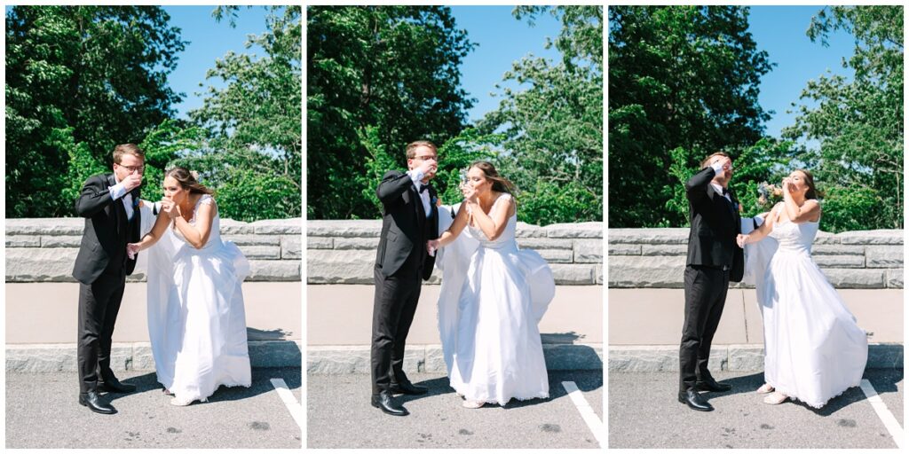 bride and groom taking a shot before portrait session at foothills parkway