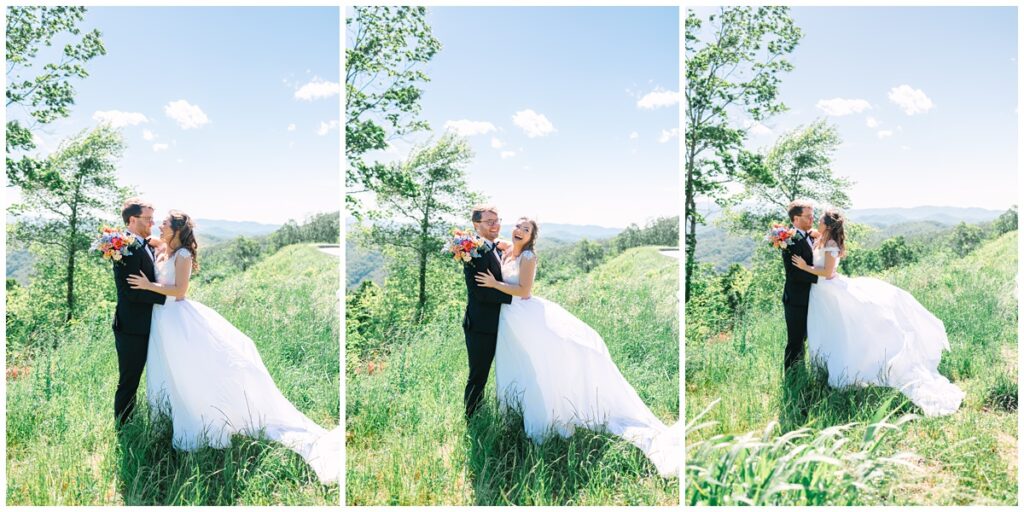 bride and groom photo at foothills parkway overlooking the great smoky mountains