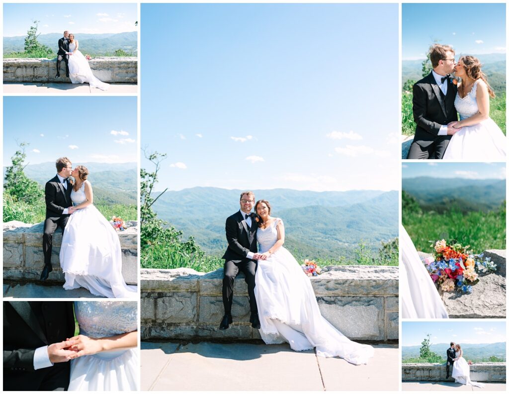 bride and groom sitting on the wall at foothills parkway overlooking the mountains