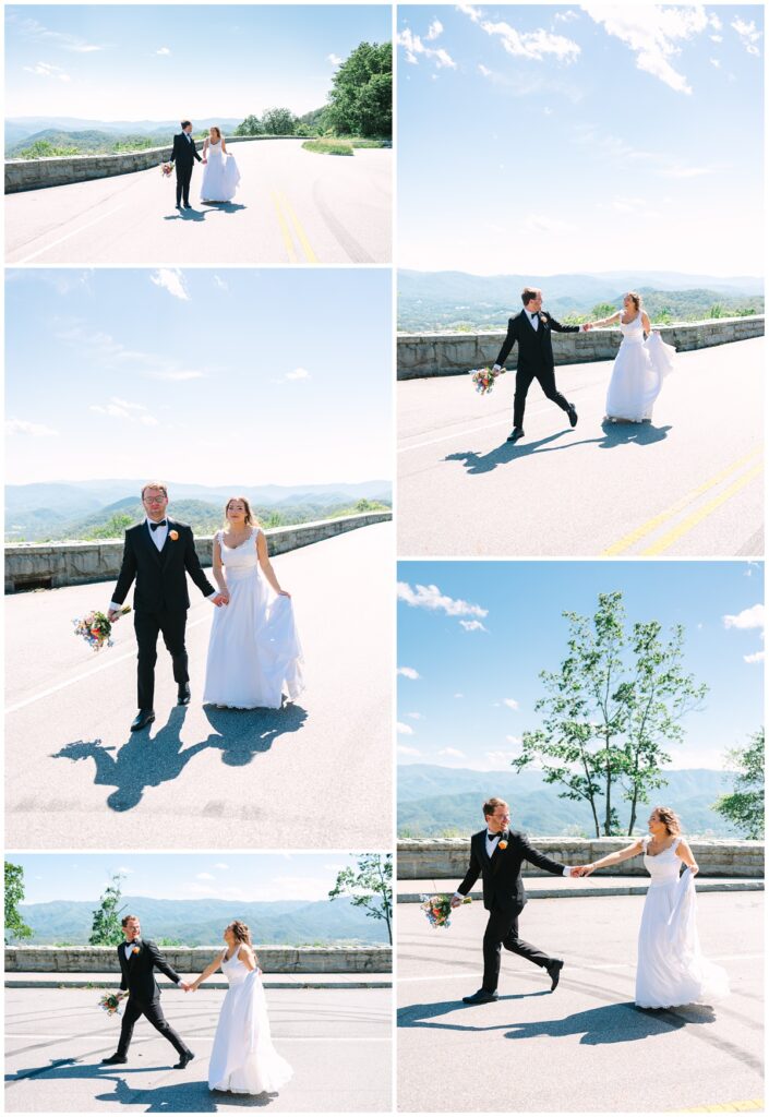bride and groom running at foothills parkway overlooking the smoky mountains on a clear day