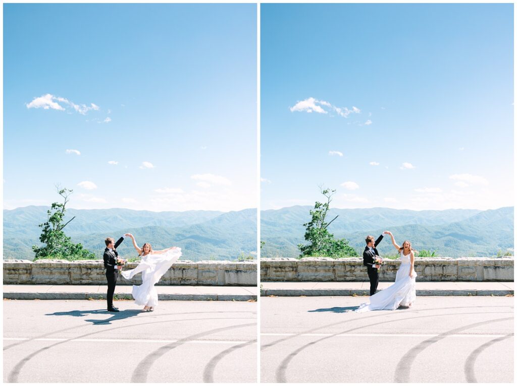 bride and groom dancing at foothills parkway overlooking the smoky mountains on a clear day