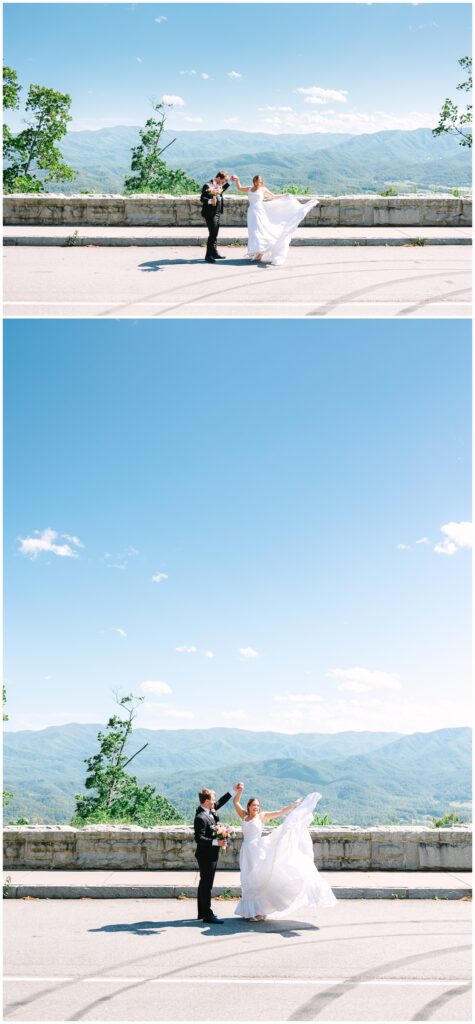 bride and groom dancingat foothills parkway overlooking the smoky mountains on a clear day
