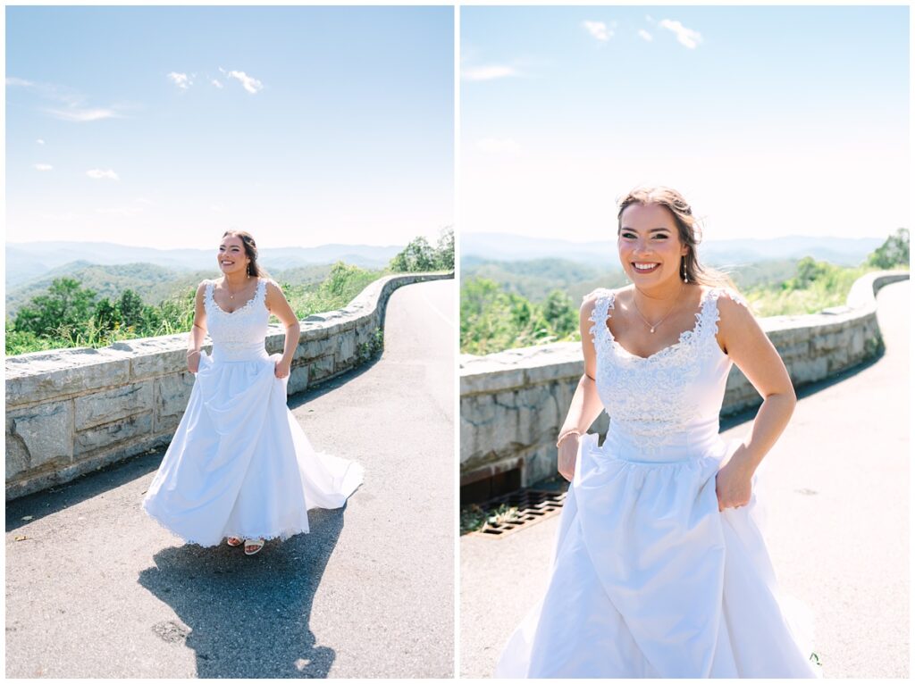 bride running at foothills parkway overlooking the smoky mountains on a clear day