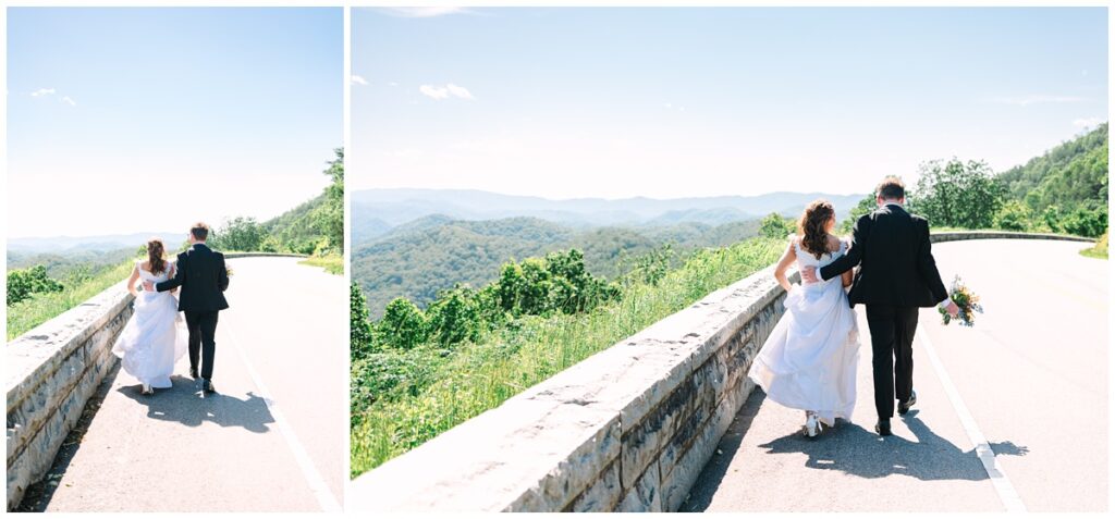 bride and groom running at foothills parkway overlooking the smoky mountains on a clear day