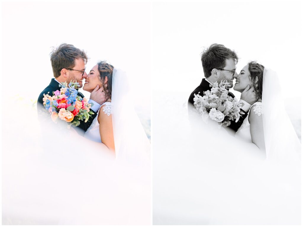 newlywed photo with the veil covering most of the photographs - a creative perspective 