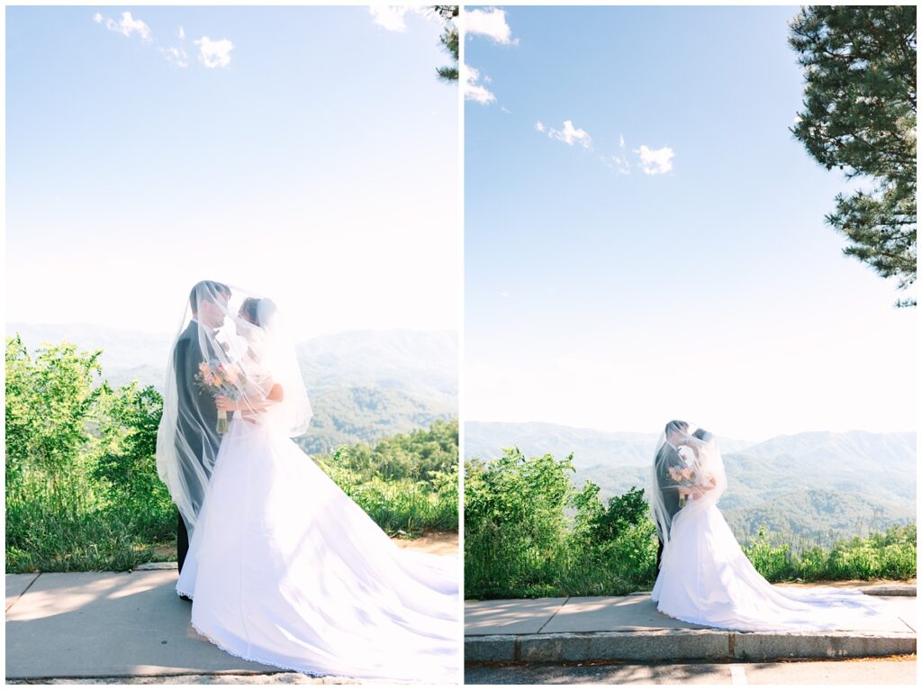newlywed photos under the veil overlooking the smoky mountains