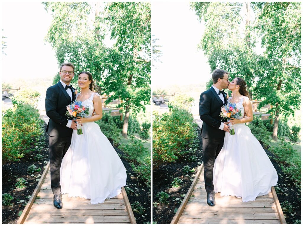 bride and groom photo on a wooden path at cielito lindo cabin