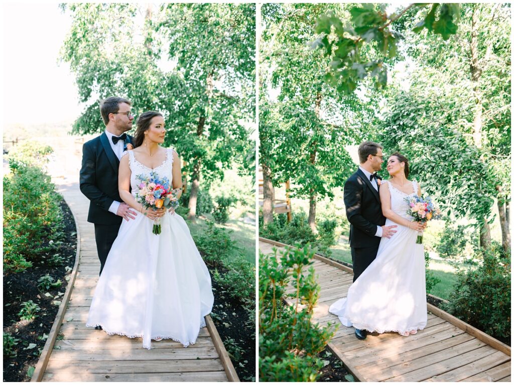 bride and groom photo on a wooden path at cielito lindo cabin