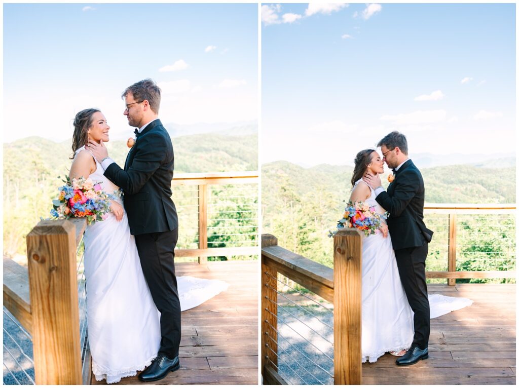 bride and groom at a sevierville, TN cabin rental overlooking the mountains