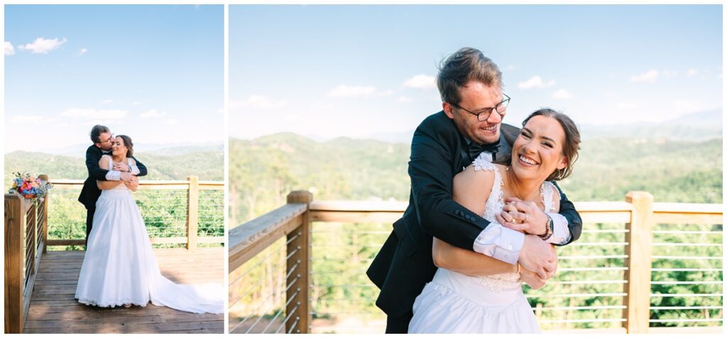 bride and groom at a sevierville, TN cabin rental overlooking the mountains
